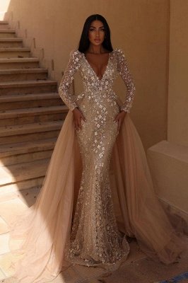 Gorgeous Sparkly Mermaid Wedding Dress Long Sleeves V-neck Floral Bridal Gown with Detachable Train_1