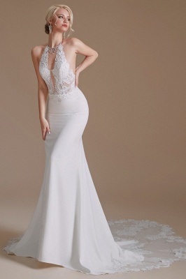 Romantic Halter V-Neck Satin Wedding Dress Floral Lace Mermaid Bridal Gown_5