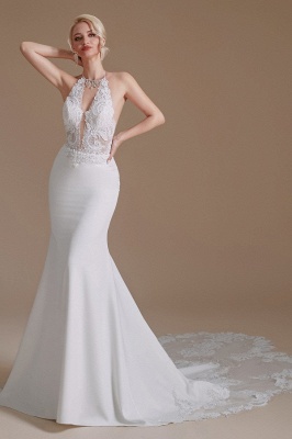 Romantic Halter V-Neck Satin Wedding Dress Floral Lace Mermaid Bridal Gown_4