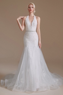 Elegante vestido de novia de sirena blanca con cuello halter vestido de novia con hombros descubiertos_2