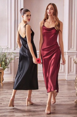 Sexy Spaghetti Straps Satin Side Slit Prom Dress Ankle Length Bridesmaid Dress_10