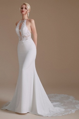 Romantic Halter V-Neck Satin Wedding Dress Floral Lace Mermaid Bridal Gown_3