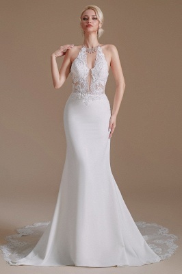 Romantic Halter V-Neck Satin Wedding Dress Floral Lace Mermaid Bridal Gown_2
