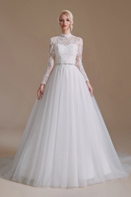 Magnífico vestido de novia de manga larga Vestido de novia de encaje de tul blanco Aline_2