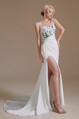 Spagheti Straps Side Slit Wedding Dress Leaves Pattern Bridal Dress_4