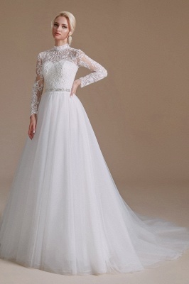 Gorgeous Long Sleeves Wedding Dress Aline White Tulle Lace Bridal Dress_3