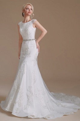 Chic White Mermaid Wedding Dress Long Lace Bridal Dress with Cap Sleeves_5