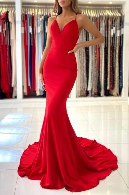 Vestido de fiesta de sirena con correas de satén rojo sexy Vestido de noche largo sin mangas_2