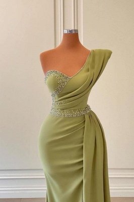 Charming One Shoulder Beadings Long Prom Dress Satin Evening Dress with Side Slit Cape_2