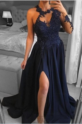 Stunning Chiffon Side Split Evening Dress Long One Sleeve Lace Prom Dress_3