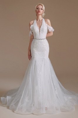 Elegante vestido de novia de sirena blanca con cuello halter vestido de novia con hombros descubiertos_1