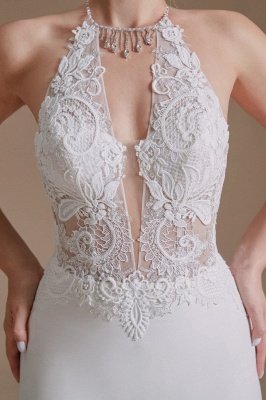 Robe de mariée en satin à col en V et licou romantique Robe de mariée sirène en dentelle florale_7