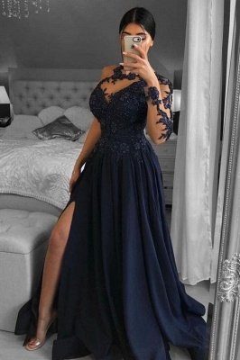 Stunning Chiffon Side Split Evening Dress Long One Sleeve Lace Prom Dress_1