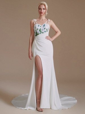 Spagheti Straps Side Slit Wedding Dress Leaves Pattern Bridal Dress_1