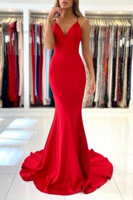 Vestido de fiesta de sirena con correas de satén rojo sexy Vestido de noche largo sin mangas_1