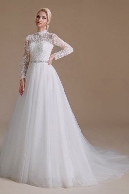Magnífico vestido de novia de manga larga Vestido de novia de encaje de tul blanco Aline_3