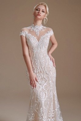 Cap Sleeves Mermaid Wedding Dress High Neck Floral Lace Bidal Dress_7