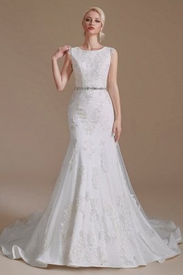 Chic White Mermaid Wedding Dress Long Lace Bridal Dress with Cap Sleeves_2
