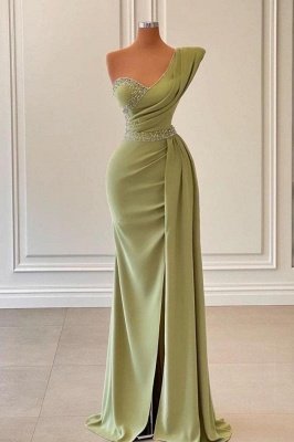 Charming One Shoulder Beadings Long Prom Dress Satin Evening Dress with Side Slit Cape_1