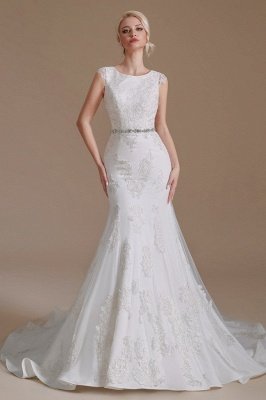 Chic White Mermaid Wedding Dress Long Lace Bridal Dress with Cap Sleeves_3