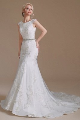 Elegante vestido de novia de sirena blanca Vestido de novia de encaje largo con mangas casquillo_5