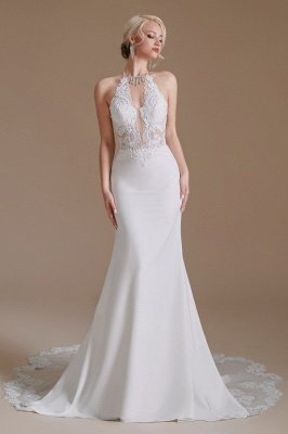 Romantic Halter V-Neck Satin Wedding Dress Floral Lace Mermaid Bridal Gown_1