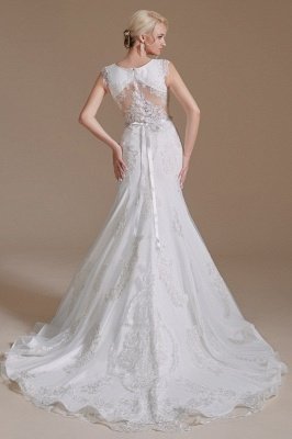 Elegante vestido de novia de sirena blanca Vestido de novia de encaje largo con mangas casquillo_6