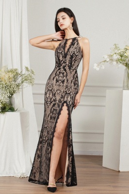 Robe de soirée longue sirène sans manches Robe de soirée fendue sur le côté avec appliques en dentelle florale noire_4