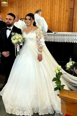 Gorgeous Long Sleeves Wedding Dress Floral Lace Aline Bridal Dress_3