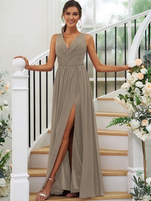 Elegantes plissiertes langes Brautjungfernkleid aus Chiffon mit V-Ausschnitt, ärmellosem Seitenschlitz, Hochzeitsgastkleid_41