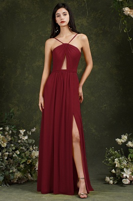 Halter Long Bridesmaid Dress Chiffon Sleeveless Side Split Wedding Party Dress_2