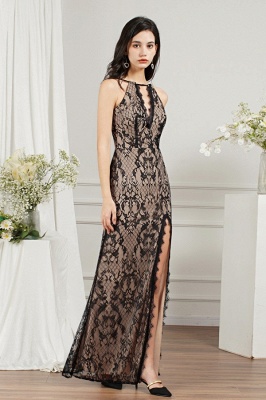 Robe de soirée longue sirène sans manches Robe de soirée fendue sur le côté avec appliques en dentelle florale noire_5