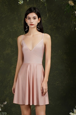 Cute V-Neck Short Homecoming Dress Sleeveless Satin Cocktail Dress_5