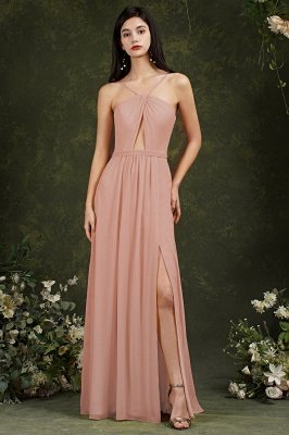 Halter Long Bridesmaid Dress Chiffon Sleeveless Side Split Wedding Party Dress_1