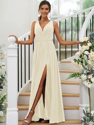 Elegantes plissiertes langes Brautjungfernkleid aus Chiffon mit V-Ausschnitt, ärmellosem Seitenschlitz, Hochzeitsgastkleid_15