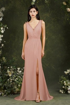 Robe de bal sirène chic à col en V Robe de soirée de mariage sans manches avec fente sur le côté_1