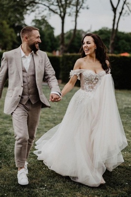 Vestido de novia de encaje de tul con hombros descubiertos Vestido de novia Aline floral_2