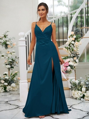 Elegant Side Slit Evening Dress V-Neck Satin Prom Dress_18
