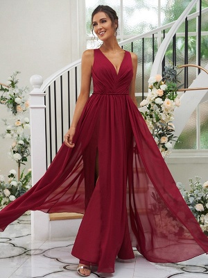 Elegant Pleated Chiffon Long Bridesmaid Dress V-Neck Sleeveless Side Slit Wedding Guest Dress_2