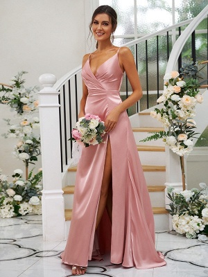 Elegant Side Slit Evening Dress V-Neck Satin Prom Dress_4