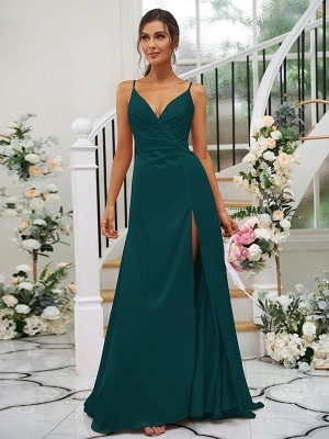 Elegant Side Slit Evening Dress V-Neck Satin Prom Dress_21