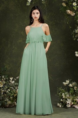 Gelbes Halter-Rüschen-Chiffon- Brautjunfer-Kleid-langes Hochzeitsfest-Kleid_4