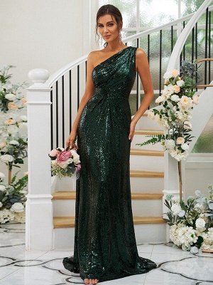 Elegant Sequins Ruched One-Shoulder Sleeveless Bridesmaid Dresses Vintage Long Evening Maxi Dress_1