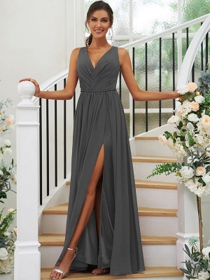 Elegant Pleated Chiffon Long Bridesmaid Dress V-Neck Sleeveless Side Slit Wedding Guest Dress_38