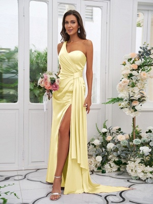 Charming One Shoulder Side Slit Bridesmaid Dress Satin Long Evening Dress with Side Cape_8