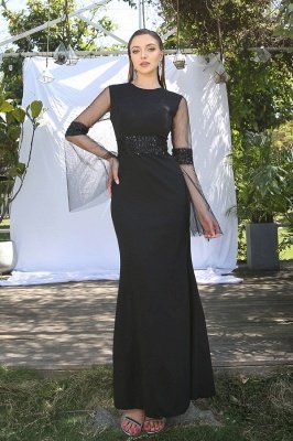 Long Sleeves Black Long Evening Dress Crew Neck Sequins Mermaid Prom Dress_1