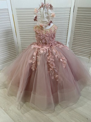 Lace Tulle Wedding Flower Girl Dress Crew Neck Princess First Communion Dress For Girl_5