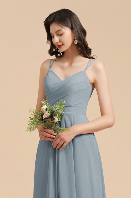Vestido de dama de honor de gasa fruncido azul polvoriento elegante vestido de fiesta de boda sin mangas con cremallera de corazón largo_2