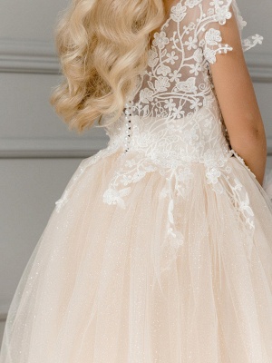 Jolie robe de demoiselle d'honneur en tulle champagne sans manches en dentelle blanche appliques robe de fête d'anniversaire_4