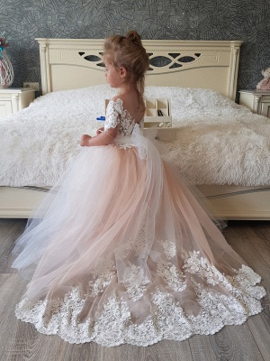 Halbe Ärmel Tüll Spitze Prinzessin Blumenmädchenkleid Blush Pink Kleid für kleine Mädchen mit Fliege_2